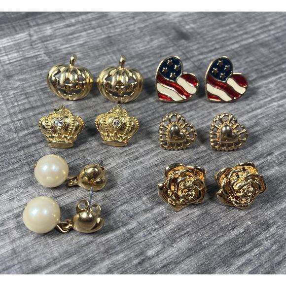 Avon Jewelry - Vintage 1990’s AVON Gold Tone Pierced Earring Bundle Pumpkin Hearts Crown Rose